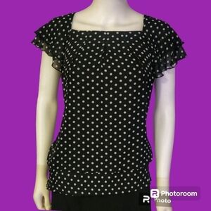 DRESSBARN Retro Polka Dot Chiffon Butterfly Sleeve Blouson Landgirl Blouse
